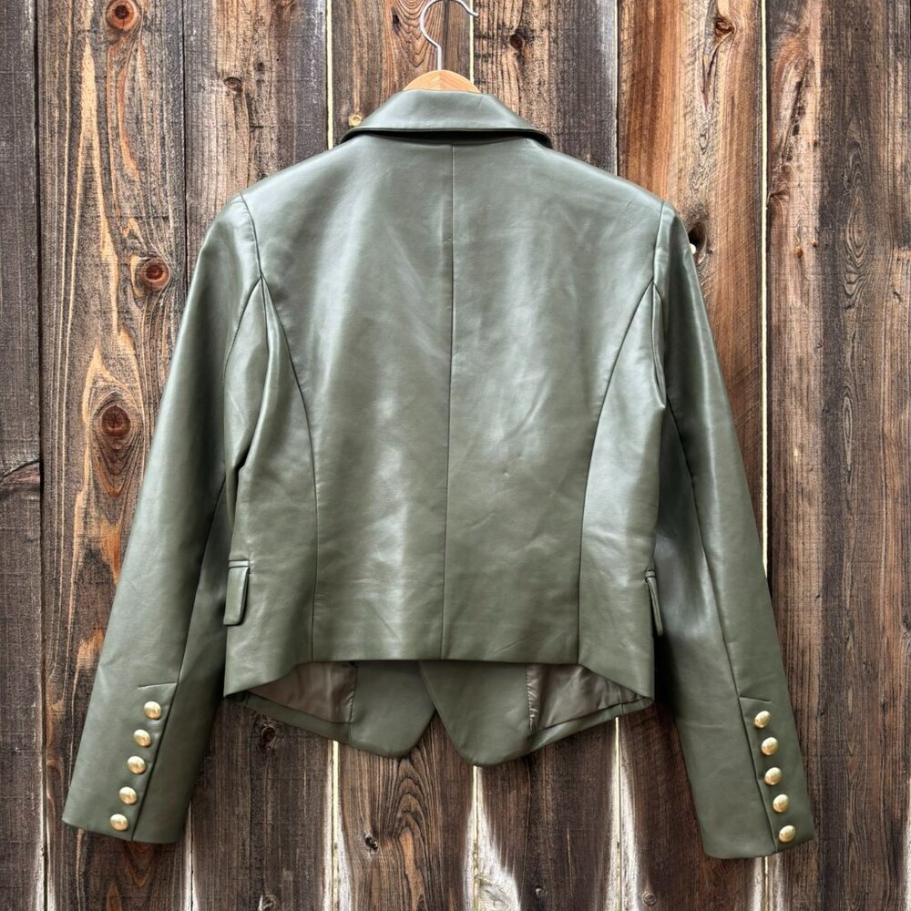 NWOT Olive Green Gold Button Double-breasted Faux Leather Blazer S - Picture 3 of 7